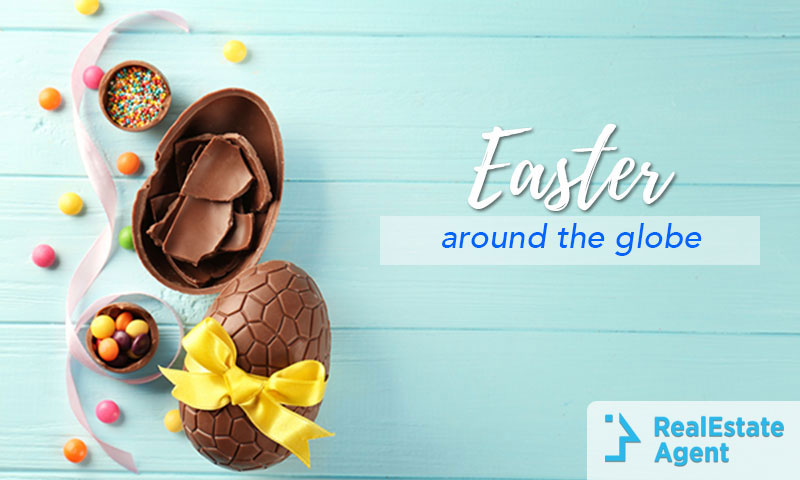 Egg shapped chocolates with easter ornaments