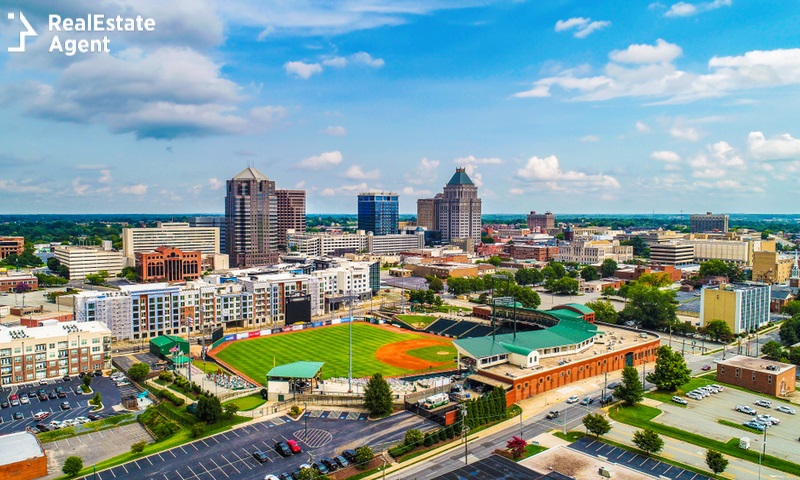 drone aerial of downtown greensboro