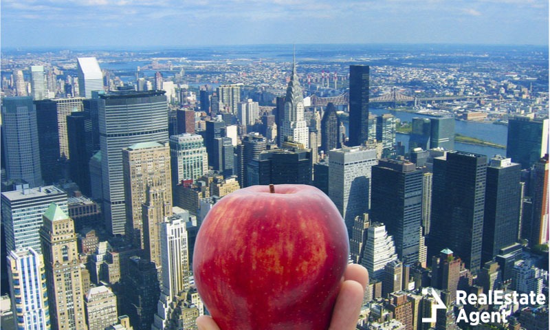 holding apple on rooftop empire state
