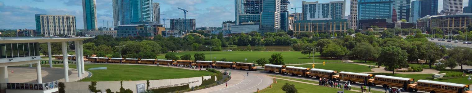 austin texas school buses trasnporting kids in front of Long Center