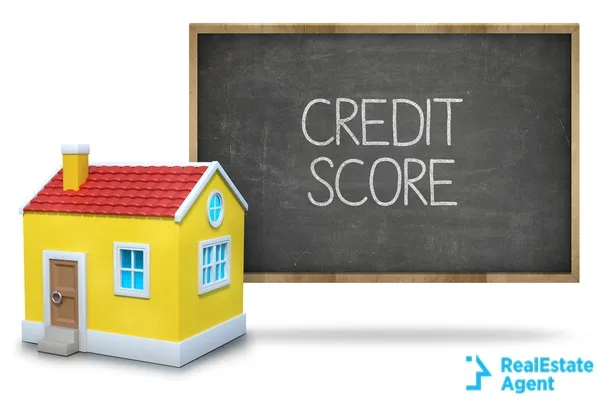 credit score text on blackboard with a 3d house