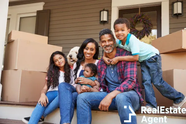 family children pet dog outside house