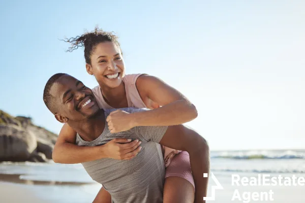 fun couple piggyback happy people