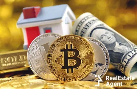 image of cryptocurrency gold money and real estate
