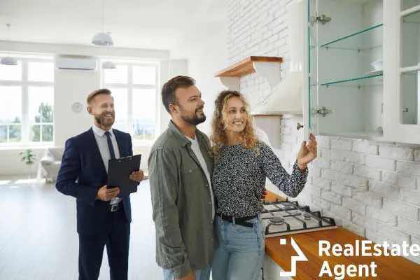 realtor customer checking apartment couple examines