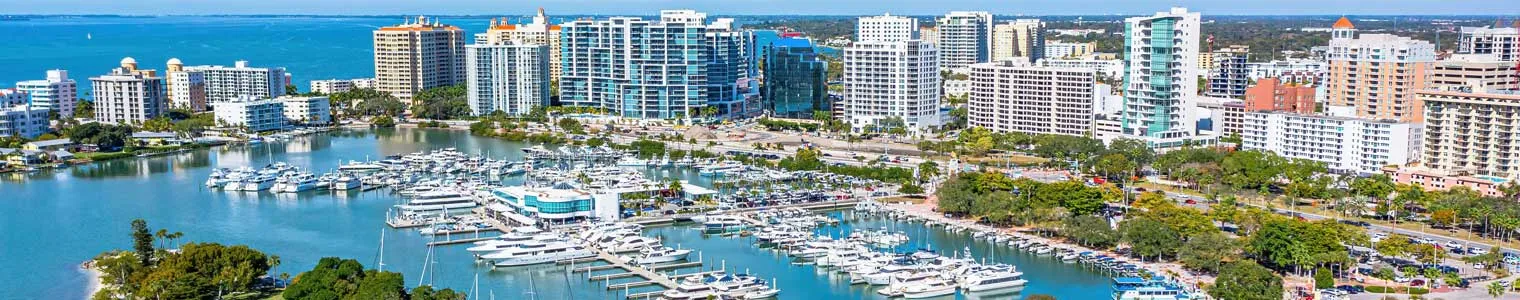 sarasota florida beautiful bayfront view with the marina and the city skyscrapes