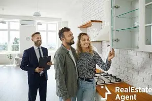 realtor customer checking apartment couple examines