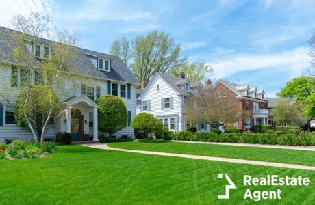 traditional suburban home front lawn