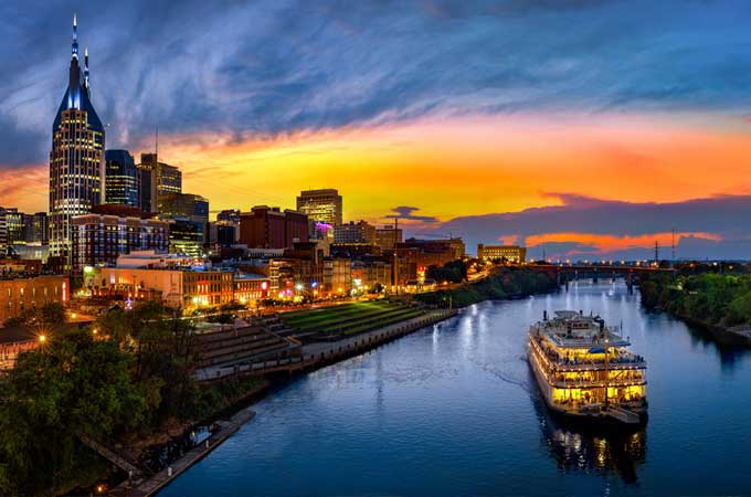 Nashville TN Skyline during evening view from the river