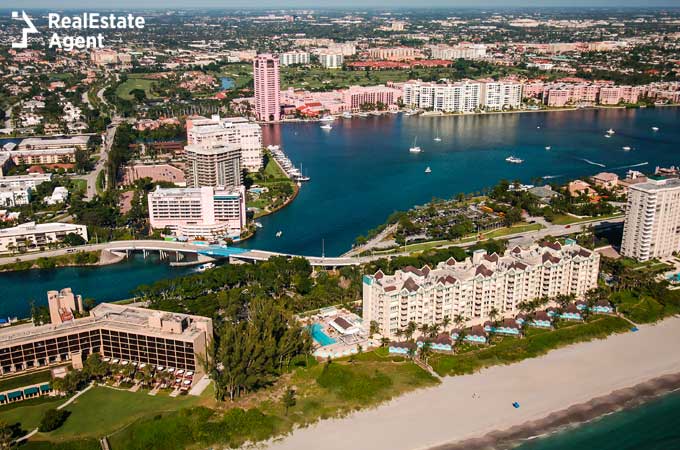 Aerial view over Boca Raton Florida beach and intracoastal