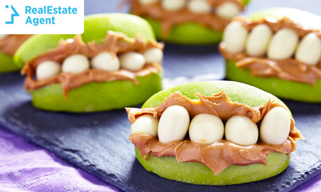 Halloween recipes green apple Frankenstein mouth